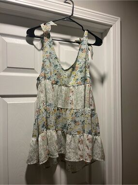 Floral Tie-Strap Tiered Camisole in Pastel Blue and Peach